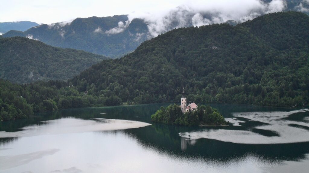 lake, church, island